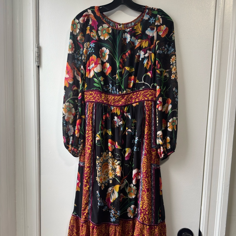 Anthropologie Black and Orange Tiered Sundress with Bishop Sleeves - Picture 7 of 16